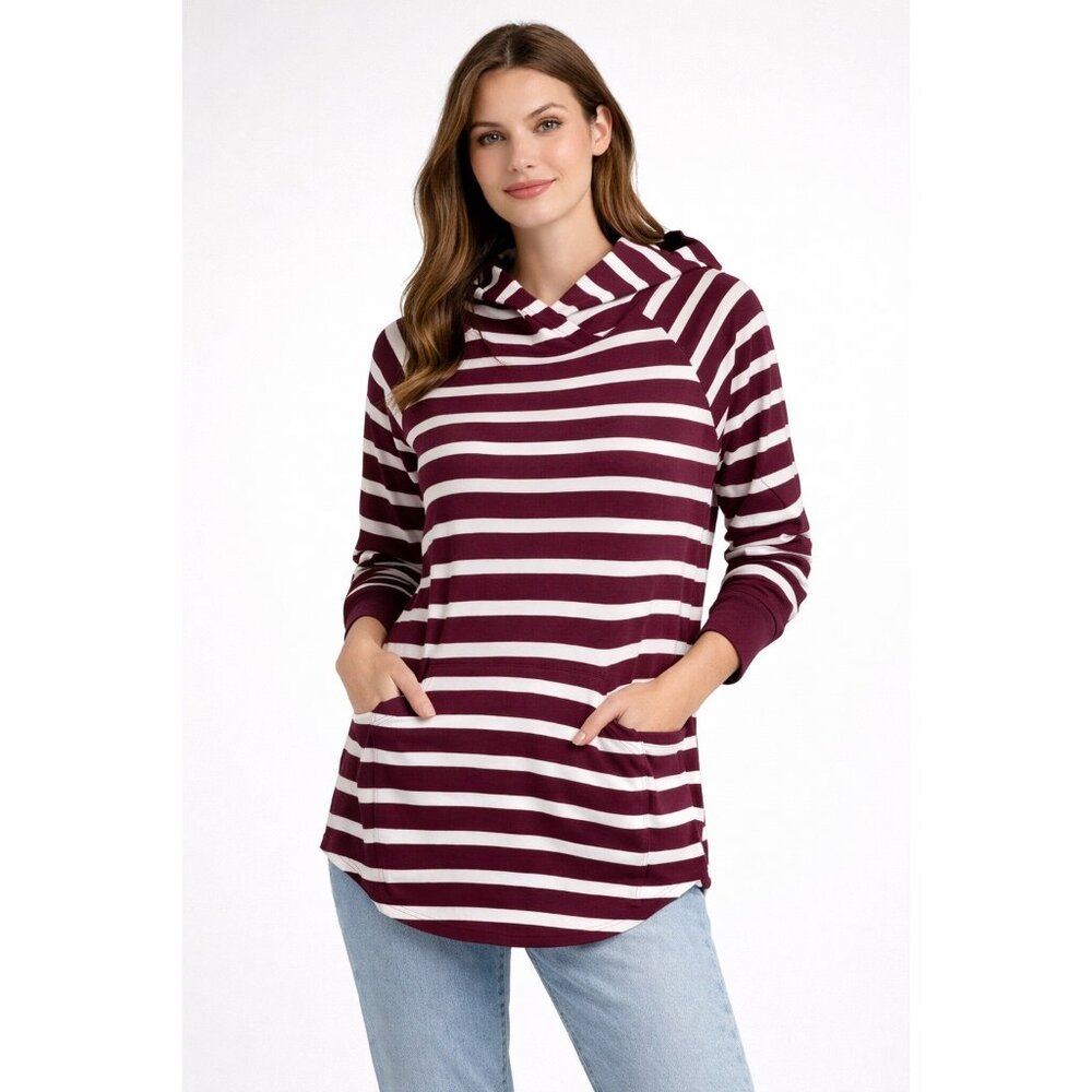 Striped Cowl Neck Pullover Top Burgundy White Size XS NWT